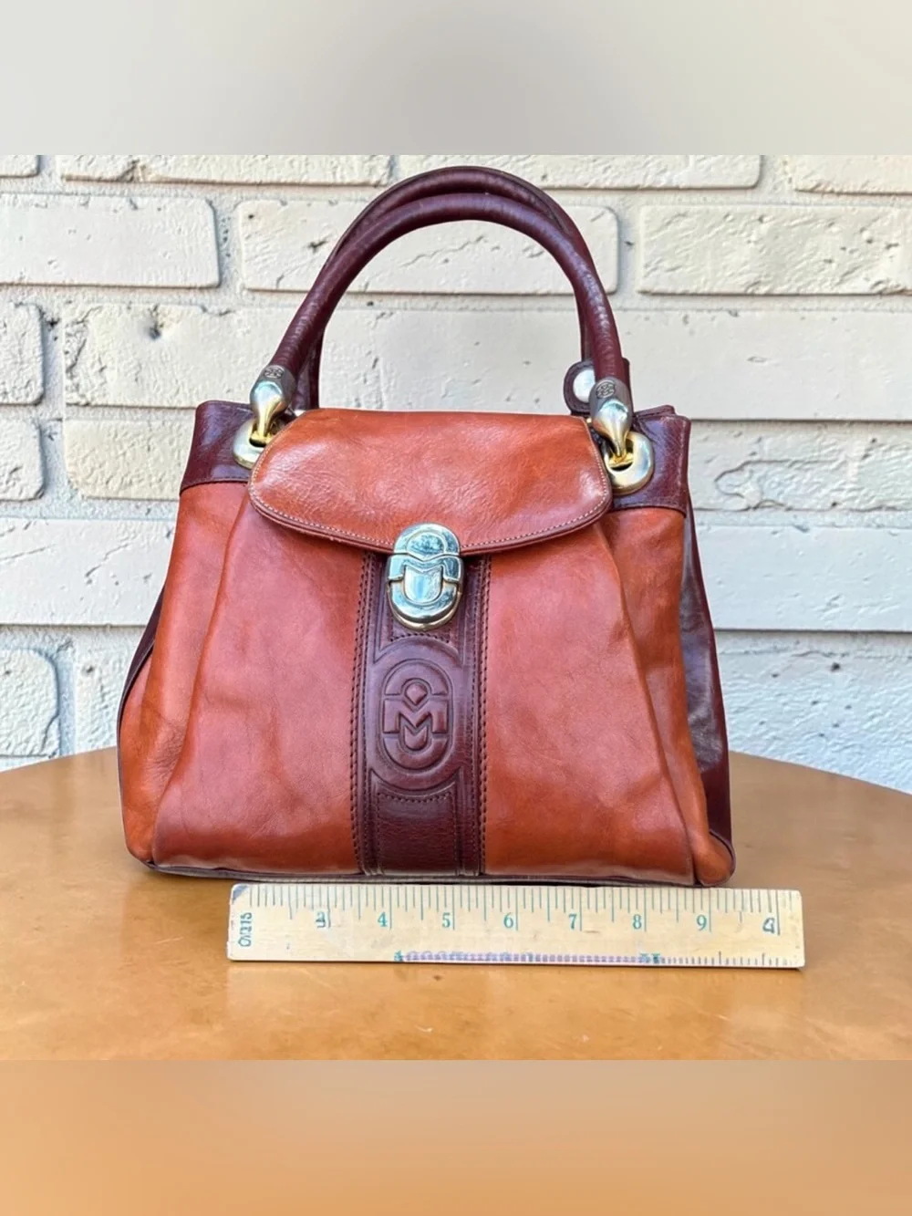 Marino Orlandi Two-Tone Tan & Dark Brown Leather Satchel